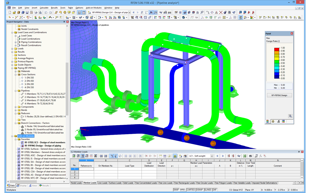 Graphical representation of pipeline analysis results in RFEM