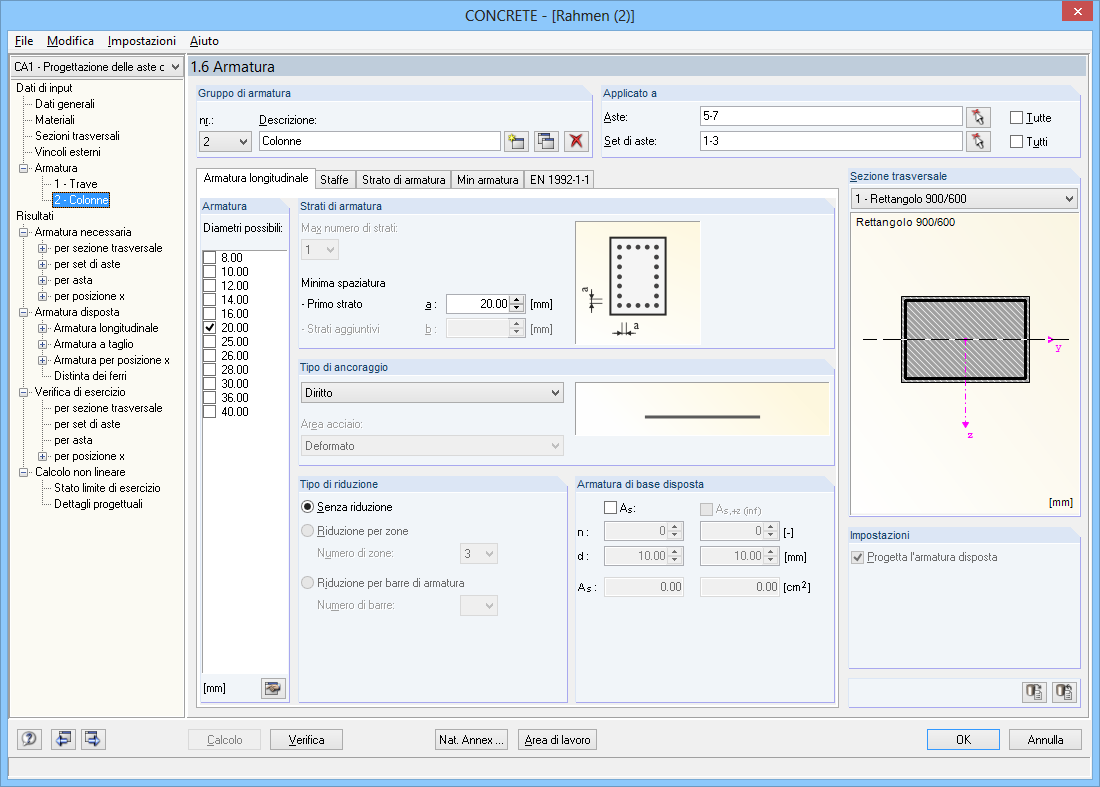 Impostazioni dell'armatura per i pilastri