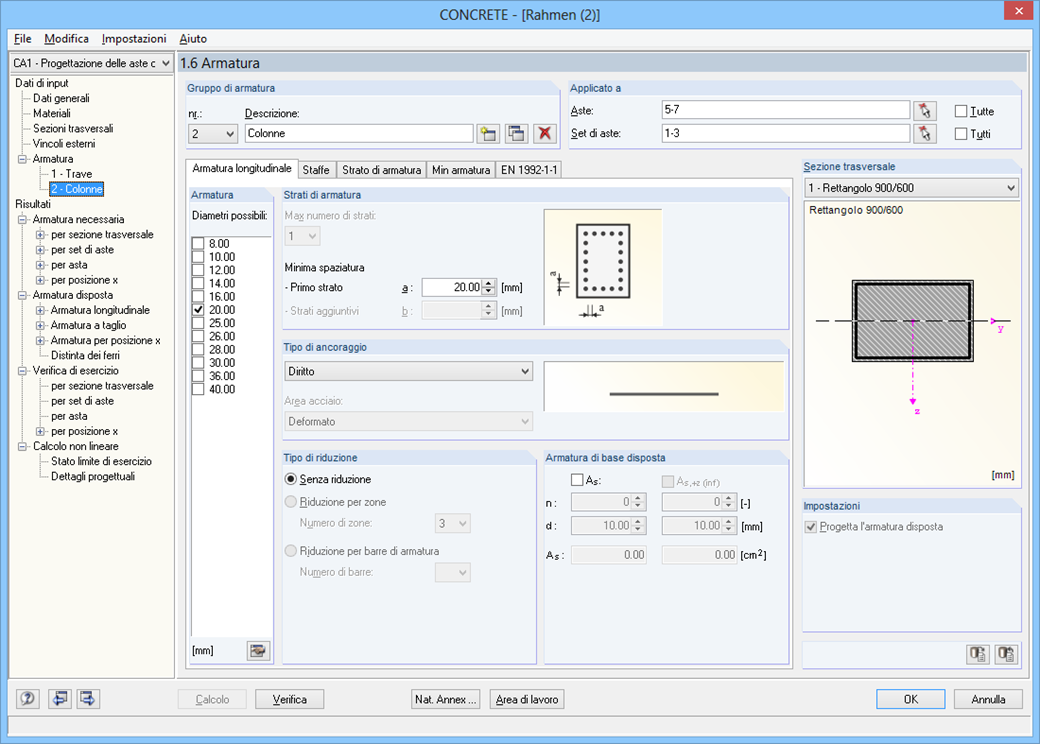 Impostazioni dell'armatura per i pilastri