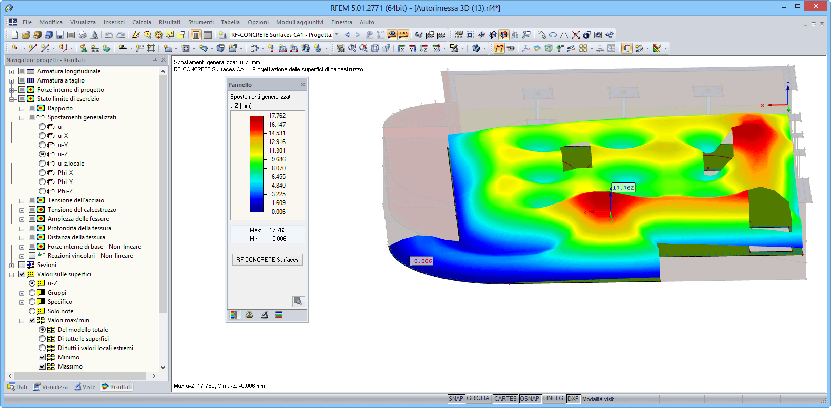 Visualizzazione grafica dei risultati in RFEM con deformazione nello stato II