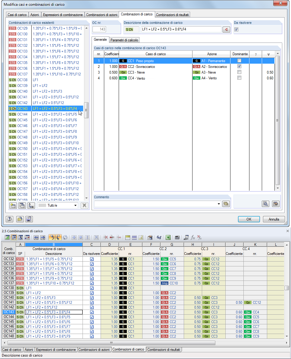 Kombinatorik-Dialog und Tabelle 2.5 Lastkombinationen