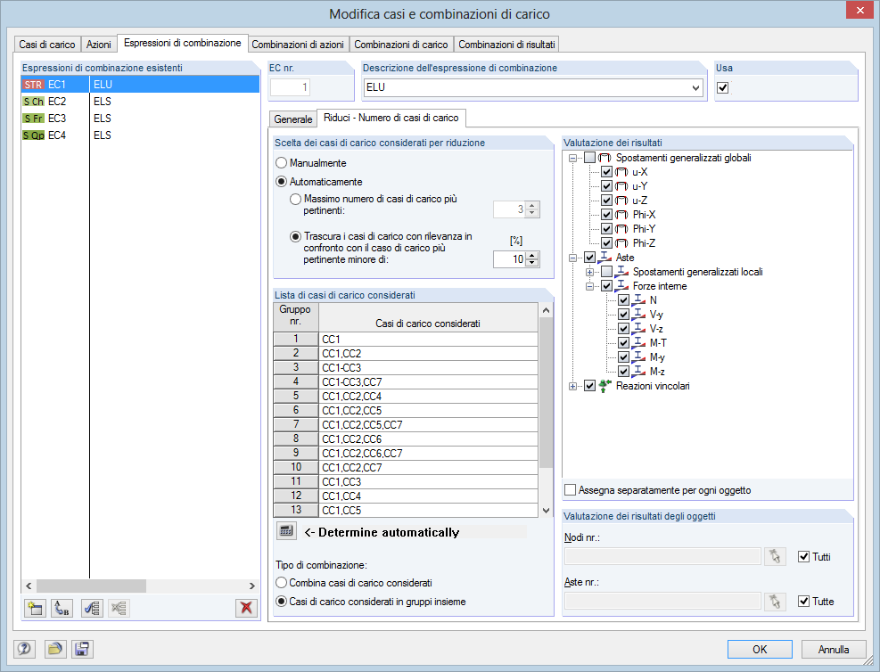 Reduzieren der Lastfälle in den Kombinationen