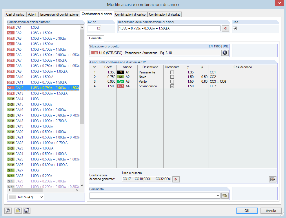 Einwirkungen in den generierten Einwirkungskombinationen