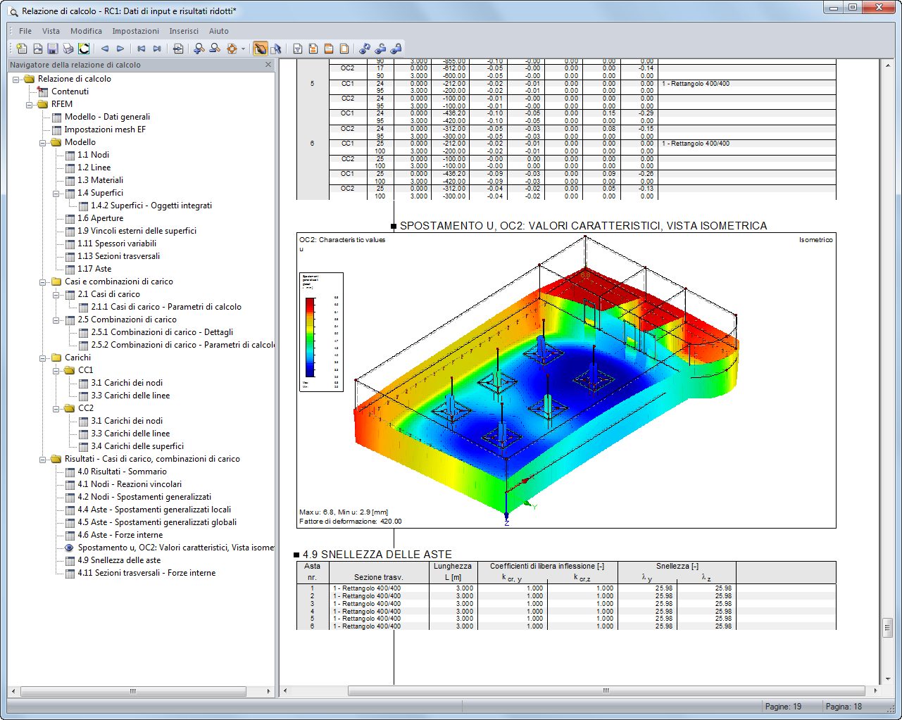 Grafici degli spostamenti generalizzati creati automaticamente nella relazione di calcolo