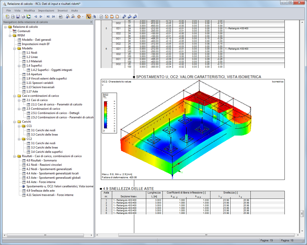 Grafici degli spostamenti generalizzati creati automaticamente nella relazione di calcolo
