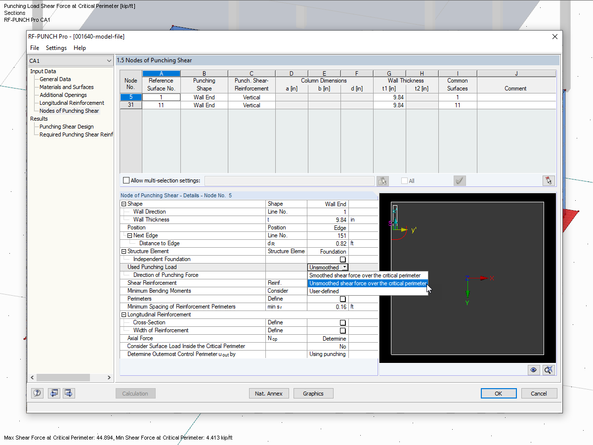 Finestra 1.5 in RF-PUNCH Pro con impostazioni per la determinazione del carico di perforazione