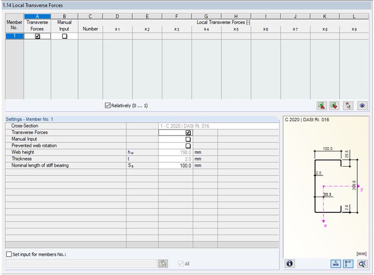 Finestra "1.14 Forze trasversali locali"