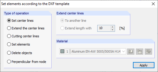 Finestra di dialogo "Imposta elementi in base al modello DXF"