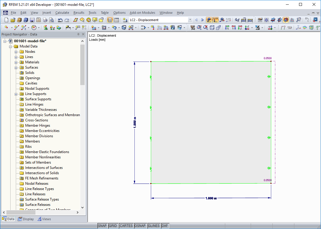 Berechnungsmodell in RFEM: ein FE-Element, links gehalten, rechts gezogen