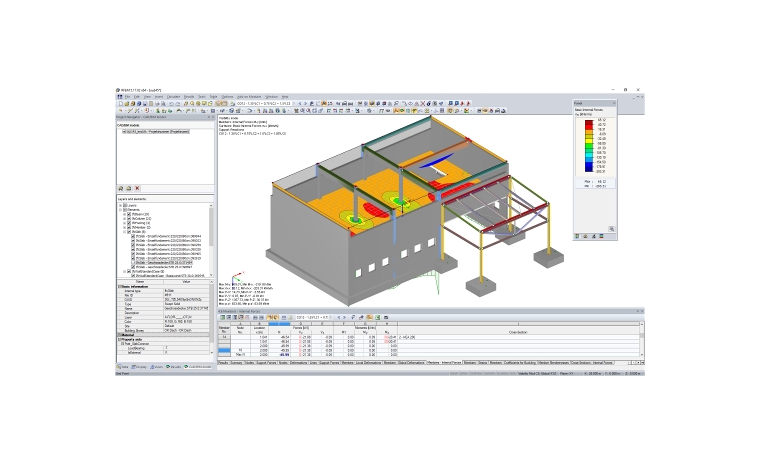 Ergebnisse einer FEM-Berechnung in RFEM am IFC-Modell dargestellt (Schnittgrößen und Auflagerkräfte)