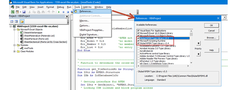 Integra le librerie dei tipi Dlubal RFEM e Microsoft Scripting Runtime