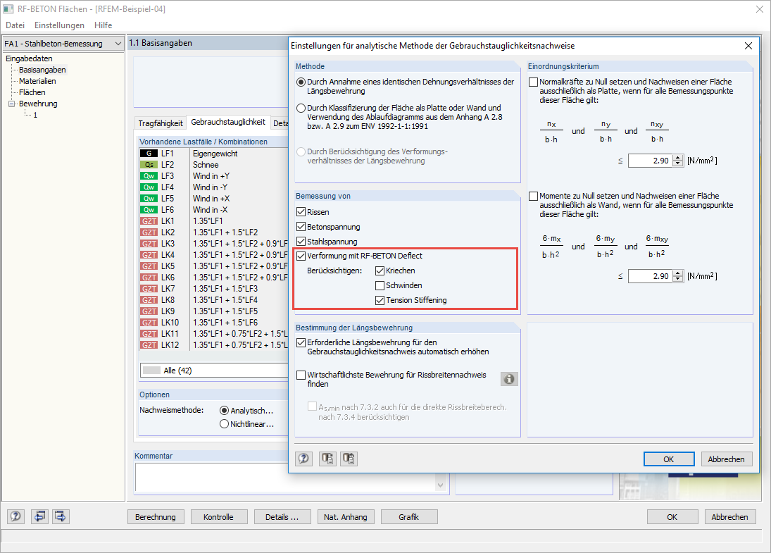 Impostazioni per l'analisi delle deformazioni con RF-CONCRETE Deflect