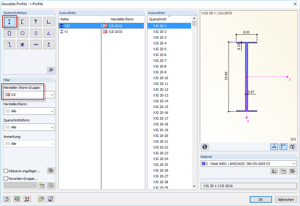 Virtual Joists und Virtual Joist Girders in Querschnittsdatenbank