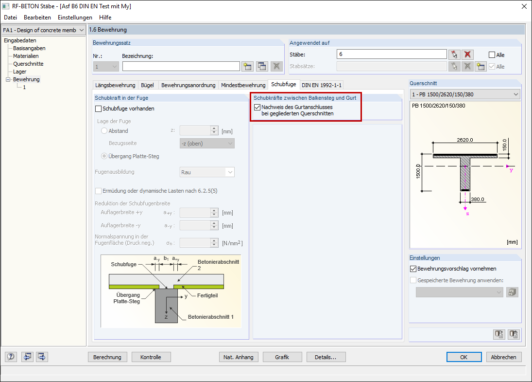 Aktivierung der Berücksichtigung von Schubkräften zwischen Steg und Gurten in RF-BETON Stäbe