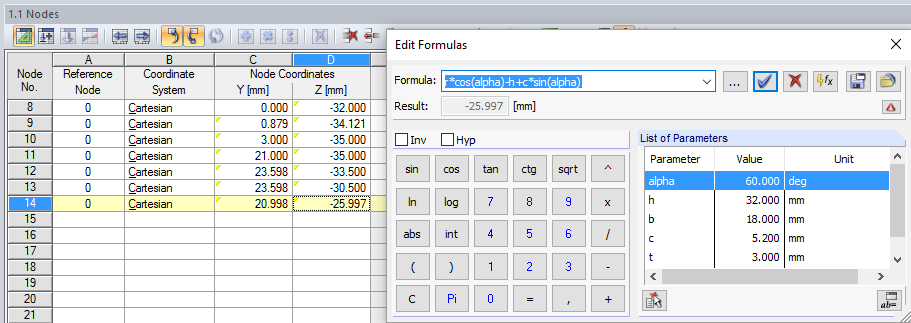 Coordinate del nodo: Modificare la formula