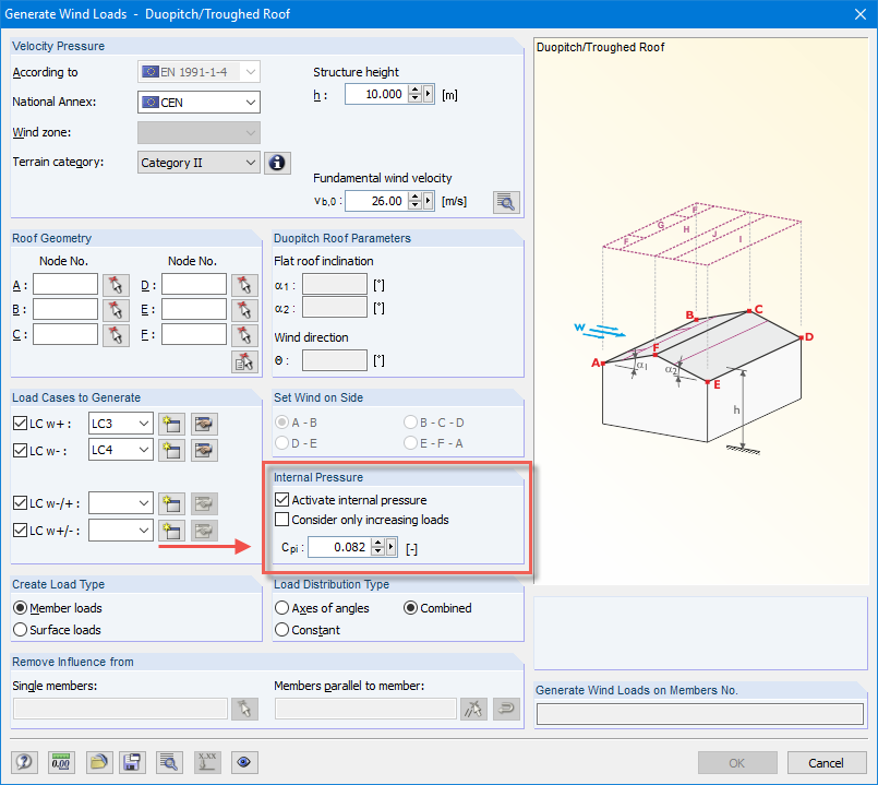 Immissione del coefficiente di pressione interna nel generatore di carico del vento in RFEM