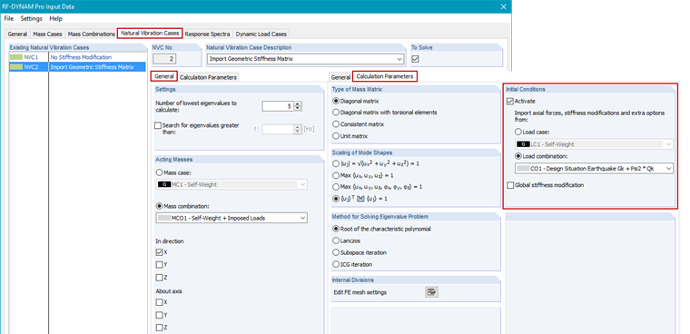 Parametri per la determinazione degli autovalori in RF -DYNAM Pro - Natural Vibrations