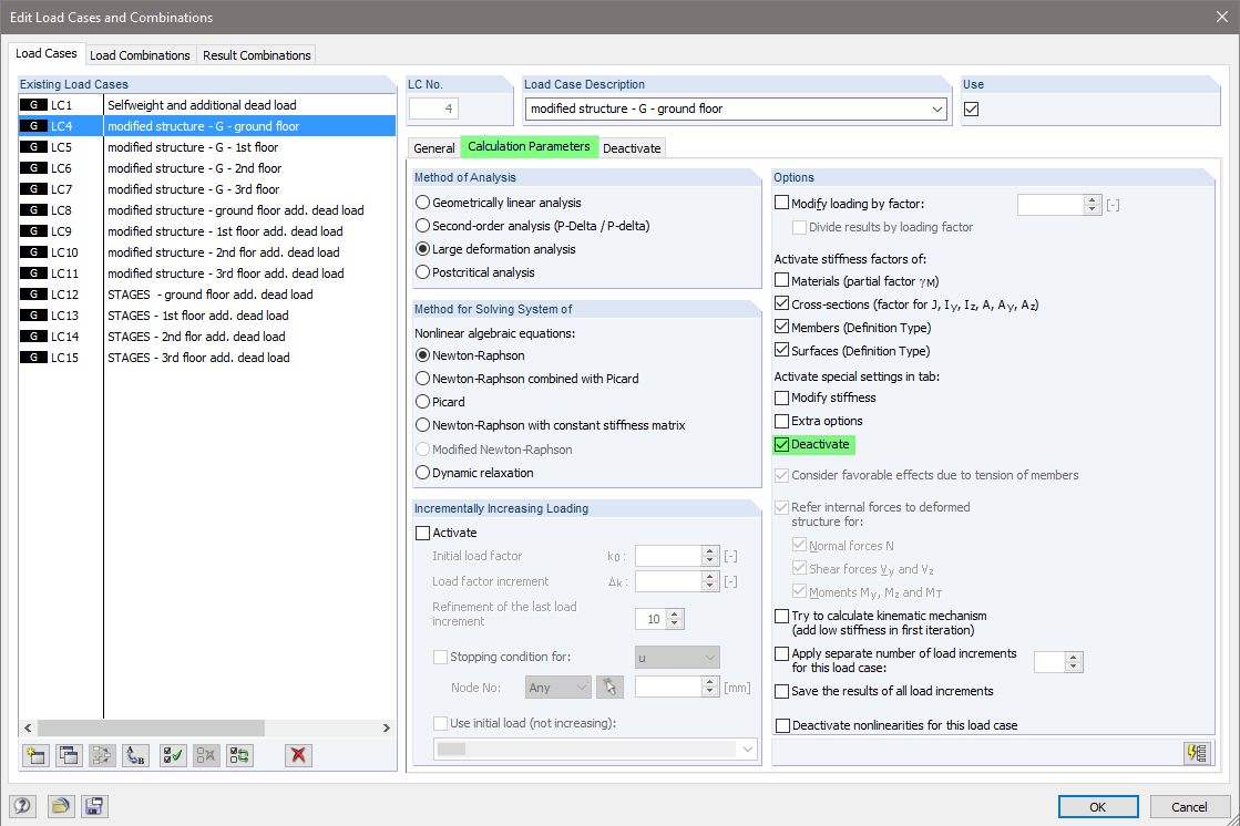 Parametri di calcolo del caso di carico