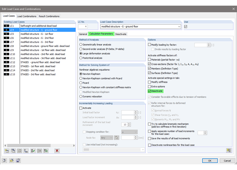 Parametri di calcolo del caso di carico