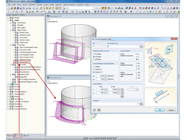 Visualizzazione dell'intersezione dei carichi liberi della superficie
