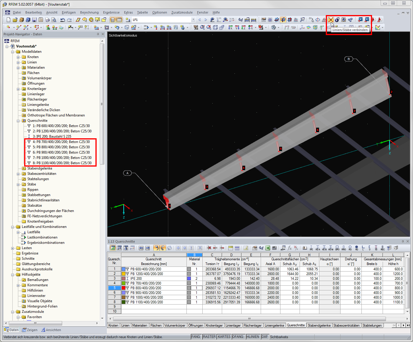 Determinazione della profondità della sezione trasversale variabile di un'asta rastremata utilizzando "Collega linee o aste"