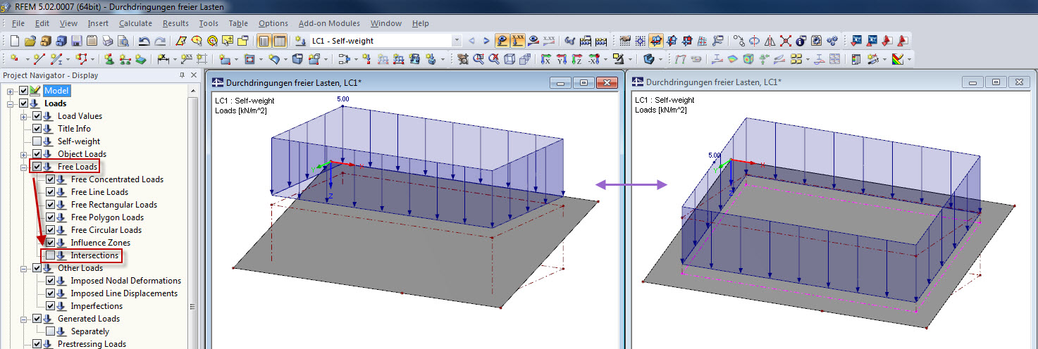 Visualizzazione delle intersezioni dei carichi liberi