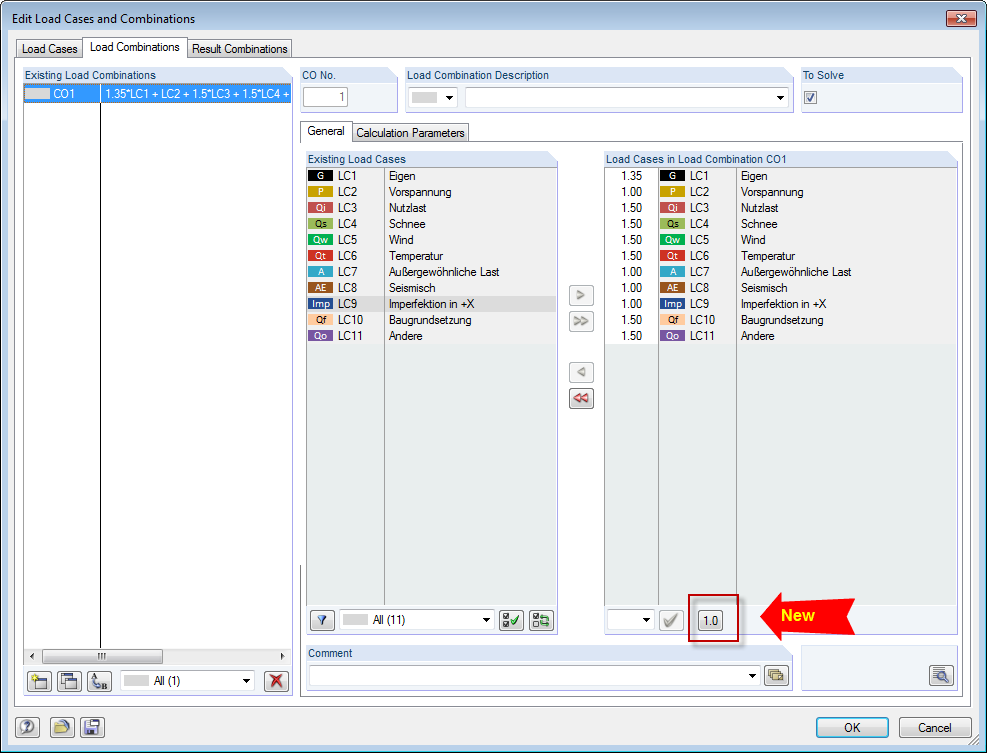Modifica casi e combinazioni di carico