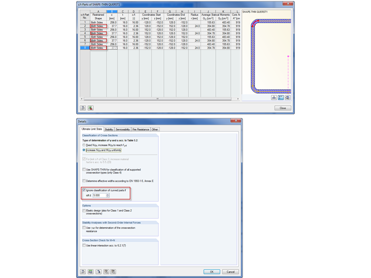 Parte della sezione trasversale curva della sezione SHAPE-THIN