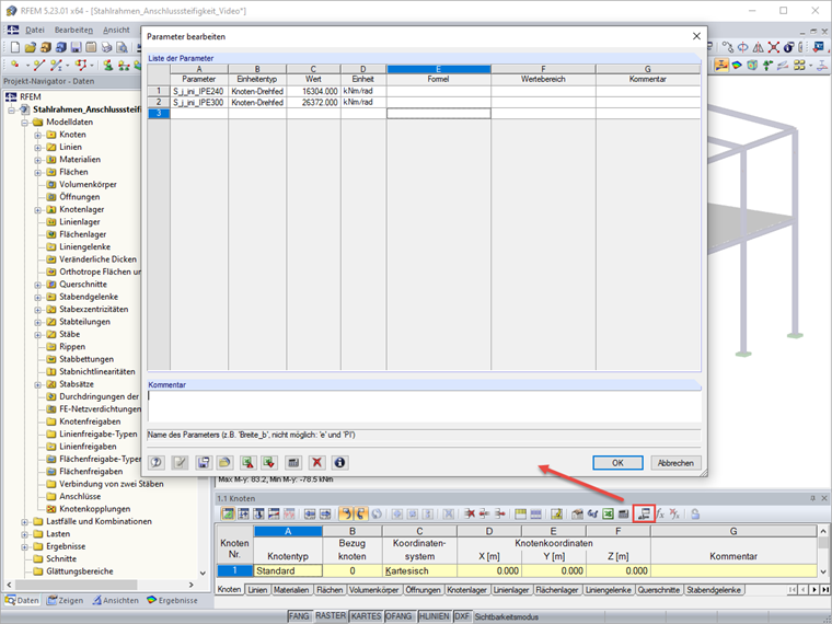 Definition der Parameter für die Stabendgelenke