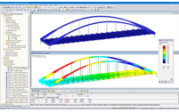 Modello 3D (in alto) e Spostamenti generalizzati (in basso) del ponte di Hervester n. 423 in RSTAB (© grbv)