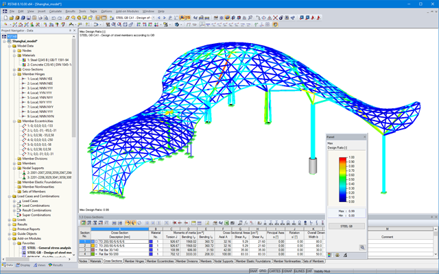 Modello 3D di una struttura in acciaio con i risultati della progettazione strutturale secondo GB 50017-2003 in RSTAB (© Novum Structures LLC)