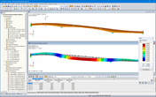 Modello e prima deformata modale in RFEM del ponte pedonale e ciclabile (© IB Miebach)