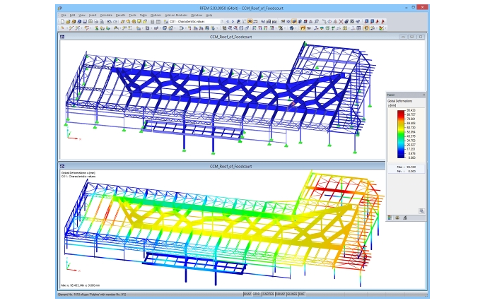 Modell des Food Court-Daches in RFEM mit Verformungsergebnissen (© Helika a.s.)