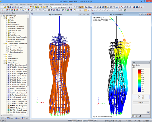 Modello 3D visualizzato in RSTAB e forma modale calcolata in DYNAM (© LACKNER + RAML)