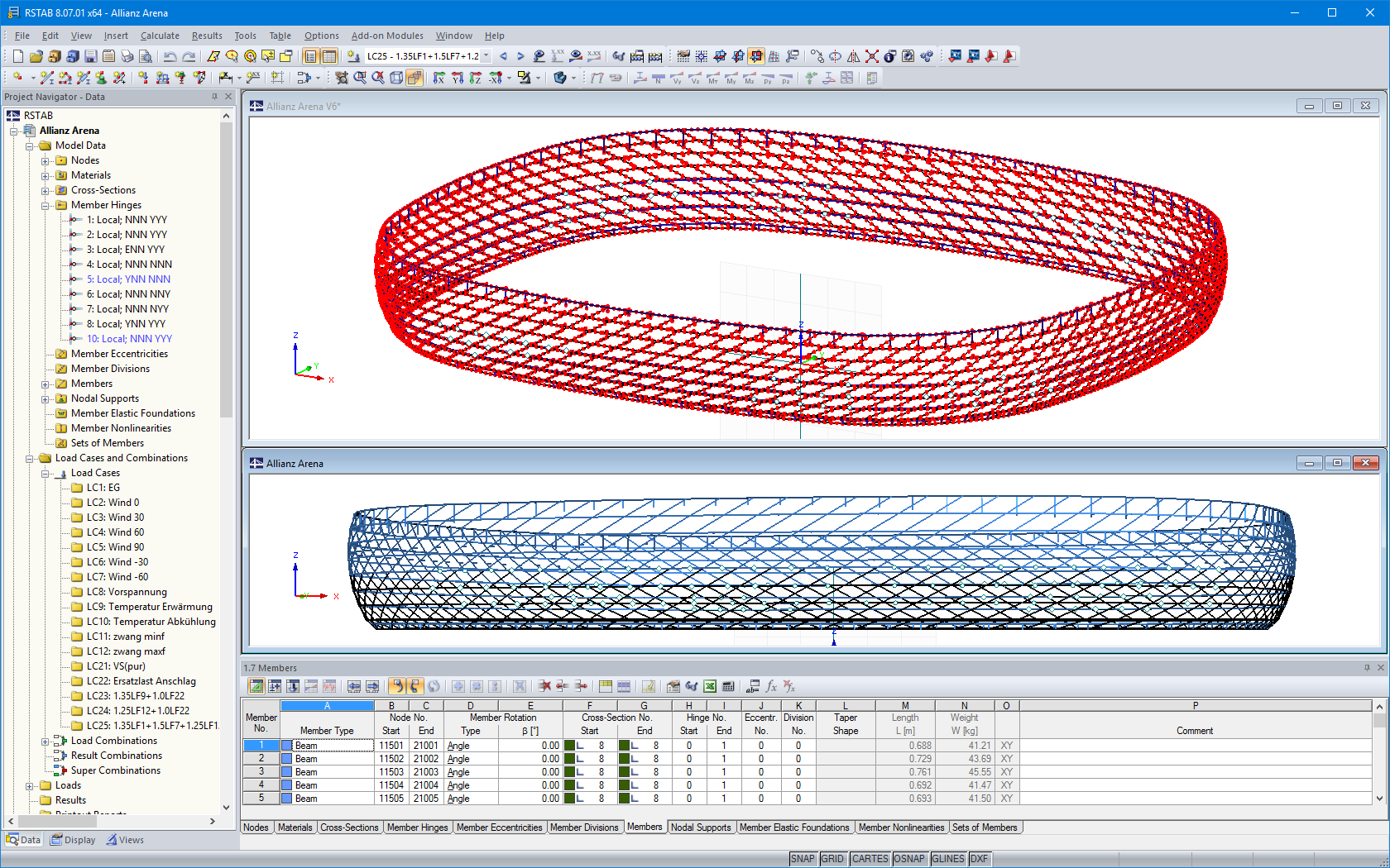 Modello 3D della struttura trave di Allianz Arena in RSTAB (© IPL GmbH)
