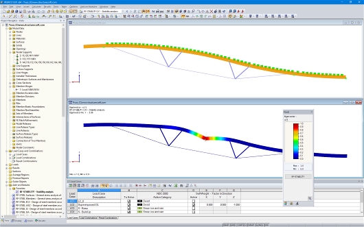 Modello (superiore) e forma modale 1a (inferiore) di una travatura reticolare ibrida in RFEM (© StructureCraft Builders Inc.)