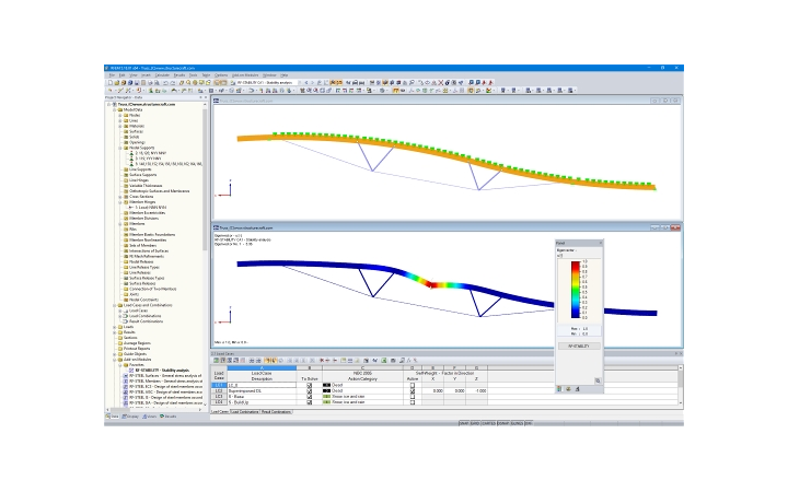 Modello (superiore) e forma modale 1a (inferiore) di una travatura reticolare ibrida in RFEM (© StructureCraft Builders Inc.)