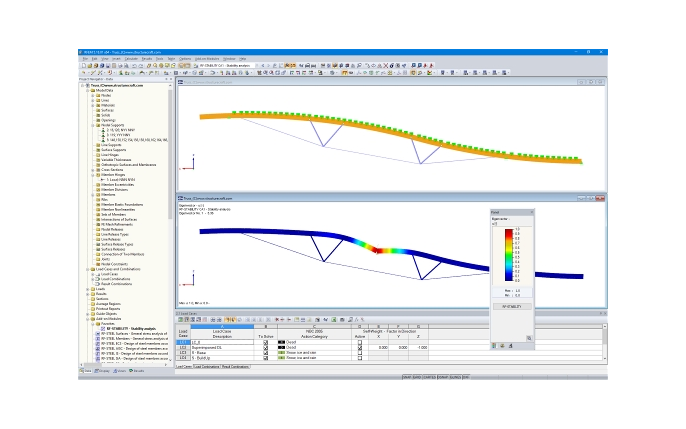 Modello (superiore) e forma modale 1a (inferiore) di una travatura reticolare ibrida in RFEM (© StructureCraft Builders Inc.)