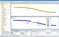 Modello (superiore) e forma modale 1a (inferiore) di una travatura reticolare ibrida in RFEM (© StructureCraft Builders Inc.)