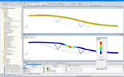 Modello (superiore) e forma modale 1a (inferiore) di una travatura reticolare ibrida in RFEM (© StructureCraft Builders Inc.)