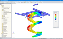 Modello RFEM di scala a chiocciola con spostamenti generalizzati visualizzati (© Vic Obdam Staalbouw BV)