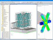 Intero modello 3D della sede di Markas (sinistra) e analisi delle tensioni di un collegamento della travatura reticolare in RFEM (destra, © ATP)