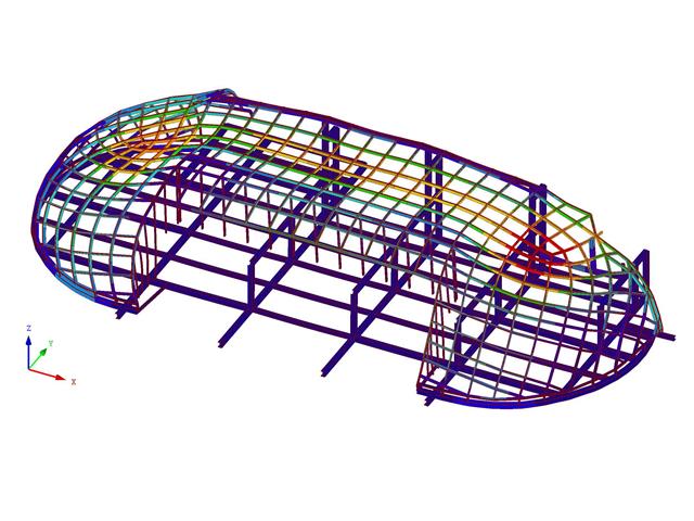 Spostamenti generalizzati della struttura a cupola in acciaio nel programma RFEM (© Octatube)