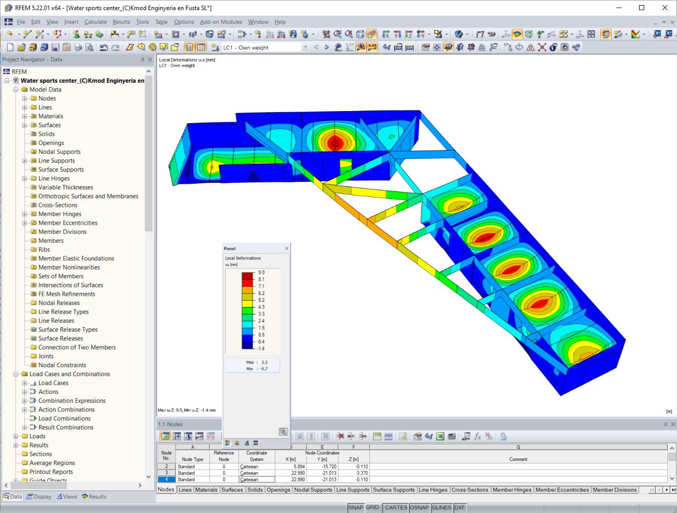 Deformazione del centro per sport acquatici in RFEM (© Kmod Enginyeria en Fusta SL)