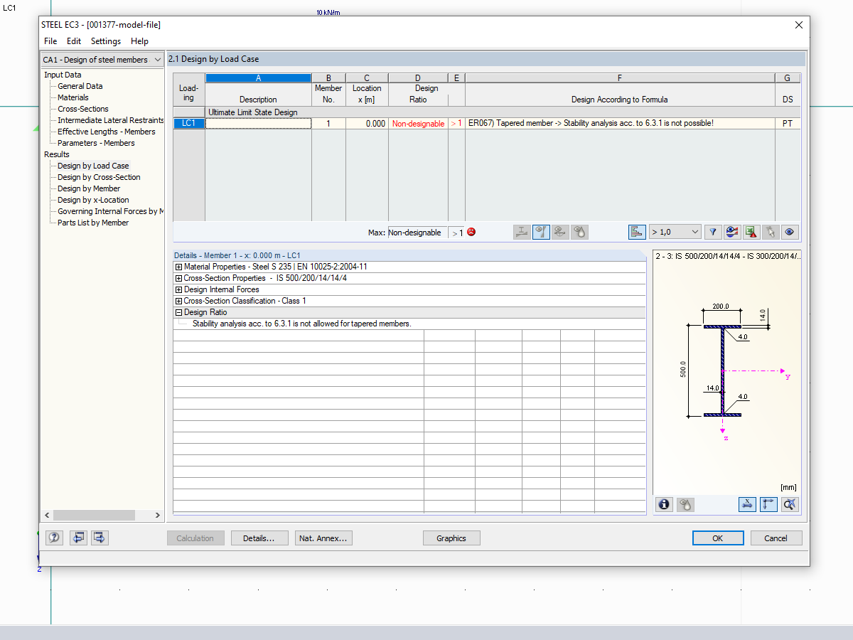 Messaggio di errore quando si tenta di progettare una trave rastremata secondo il metodo dell'asta equivalente