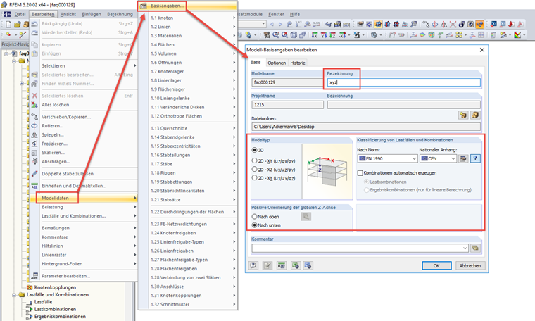 Dati generali del modello tramite la barra dei menu