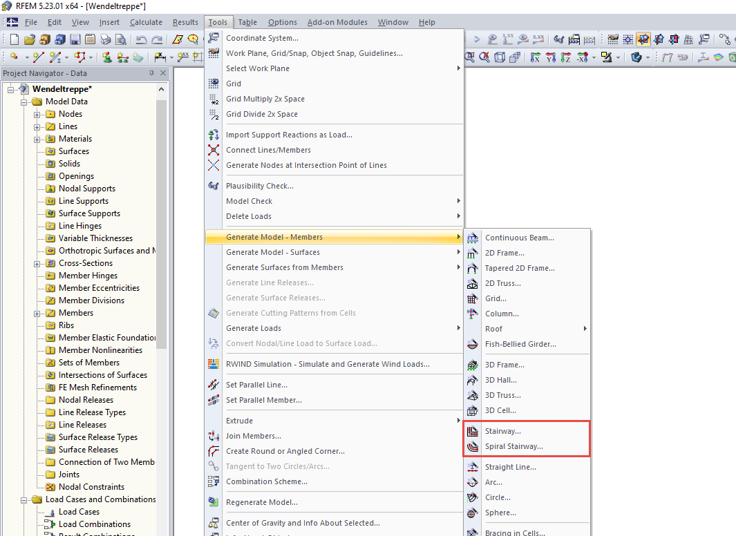 Menu RSTAB per la generazione di scale