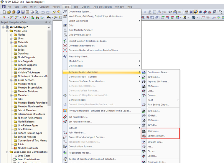 Menu RSTAB per la generazione di scale