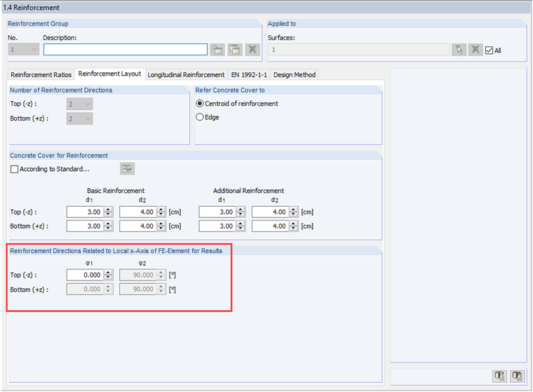 Angolo tra le direzioni dell'armatura per la progettazione analitica SLS