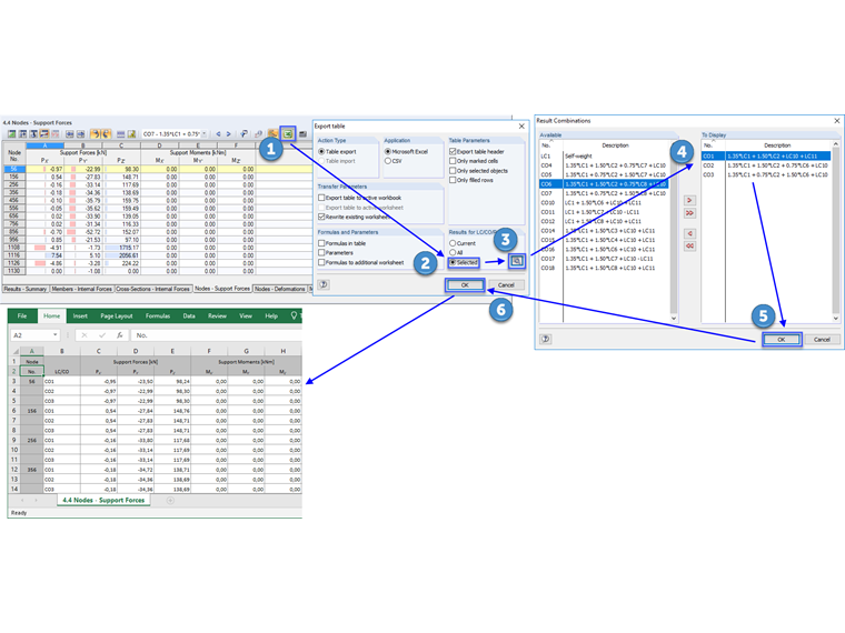 Esportazione delle forze vincolari nodali di LC/CO/RC selezionati in Excel